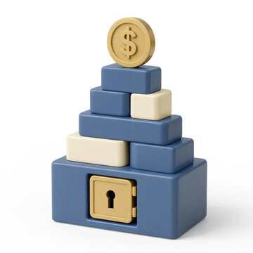 3d render of a pyramid stacked from blue and beige blocks with a golden safe door and dollar coin 3d render