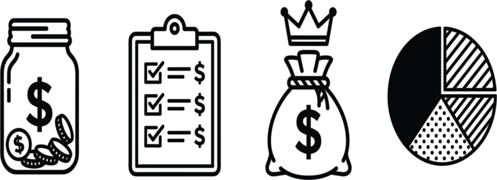 Financial planning budgeting savings and analytics vector icon quad with business symbols
