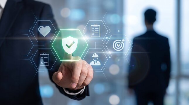 Business insurance concept photo with businessman touching safety shield icon on digital screen interface