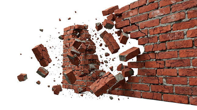 Destroyed brick wall section breaking apart, isolated on transparent background