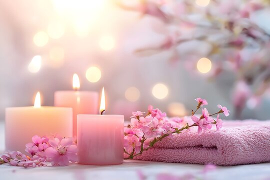 Lit candles surrounded by pink cherry blossoms high resolution picture