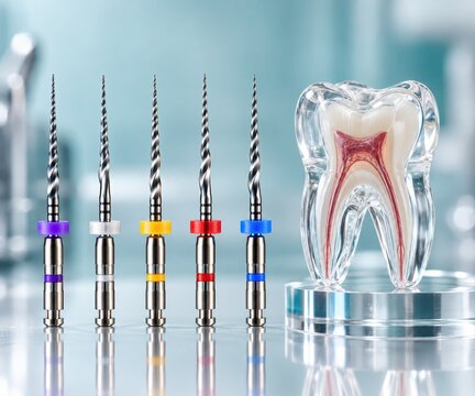 Premium endodontic rotary files displayed beside a transparent tooth anatomy model showing root canals. Professional dental equipment for root canal treatment, endodontics and modern clinical educatio