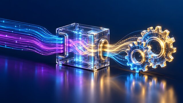 Abstract representation of digital data processing where fiber optic streams convert into glowing mechanical gears through a central cube node