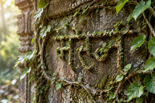Natural vines growing on an ancient wall forming elegant script curves.