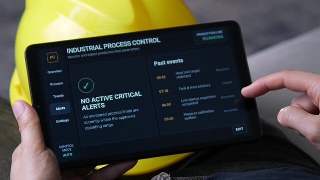 Technician monitors industrial process alerts on a tablet, reviewing resolved events and stable operating conditions in a connected production control system.