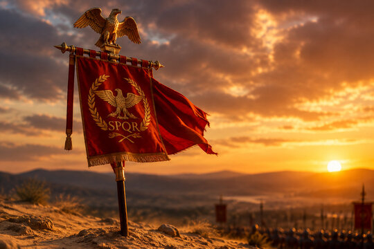 A red Roman legionary standard with a golden eagle planted in sandy soil.