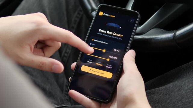 User adjusts a mobile car leasing calculator and receives instant approval, highlighting digital auto finance, flexible ownership and the shift toward app-based vehicle leasing.