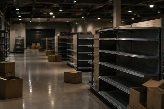Empty retail shelves with cardboard boxes in closed store, divest and liquidation concept