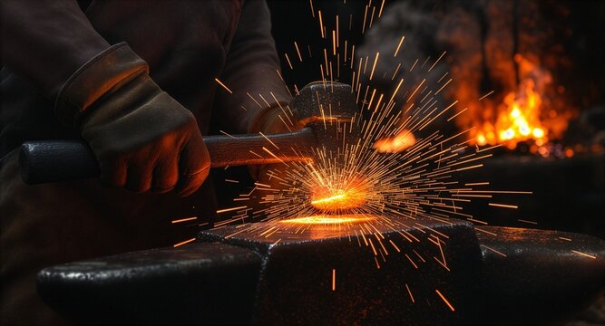 A close-up shot of a blacksmith using a hammer to strike glowing molten metal on an anvil, creating a dramatic explosion of bright orange sparks inside a dark traditional forge workshop