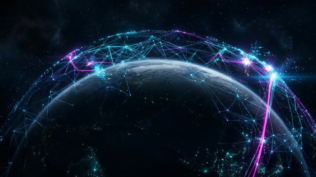 Futuristic network wraps around globe in orbiting light. Planet stays mostly in shadow while bright connections sweep overhead, creating high tech look with active global data flow.