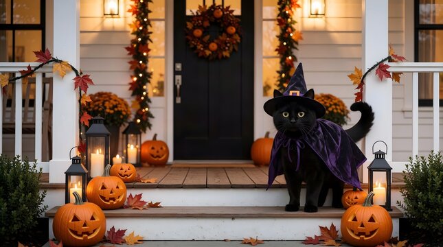 Black cat in Halloween costume beside decorated doorway