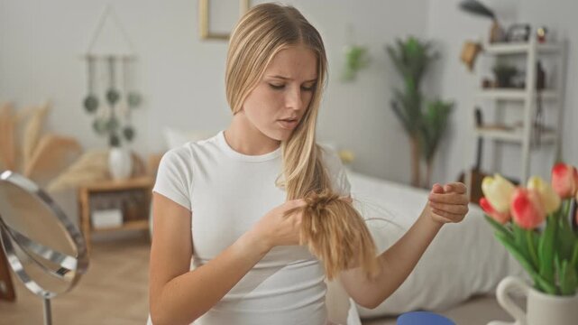 Young woman holding hair ends with hands and inspecting split ends while frowning in a studio; concern.