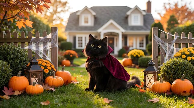 Black cat in Halloween garden with pumpkins