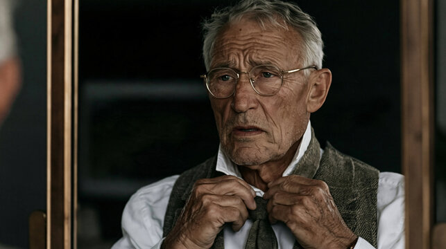 Elderly man tying necktie in front of mirror