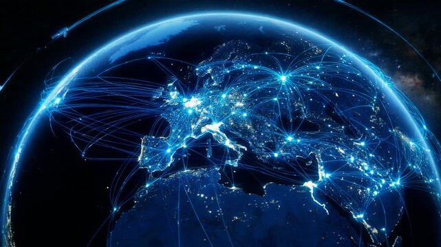 Glowing Earth displays global network links in futuristic blue light. Digital connections span continents while bright nodes trace routes across planet, suggesting nonstop worldwide data exchange.