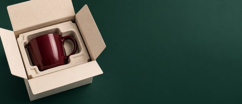 Red ceramic mug in molded pulp packaging inside open cardboard box on dark green background. Product packaging mockup. Unboxing and eco-friendly shipping.