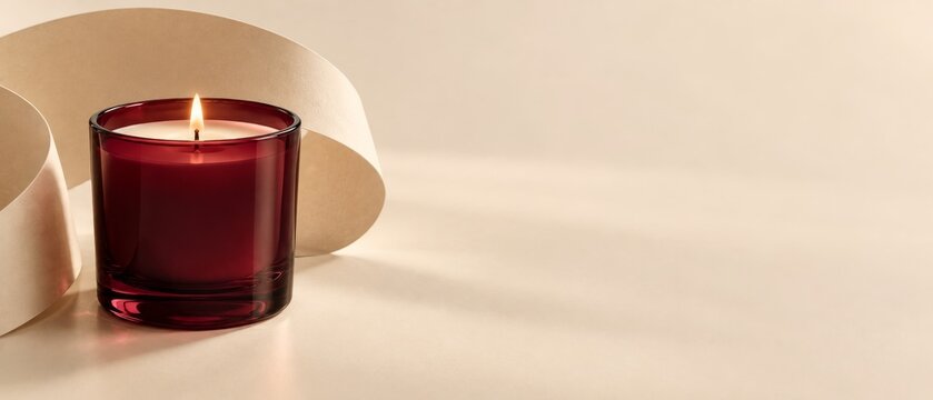 Lit red candle in glass jar on cream backdrop. Minimalist product banner. Cream and garnet red color palette.