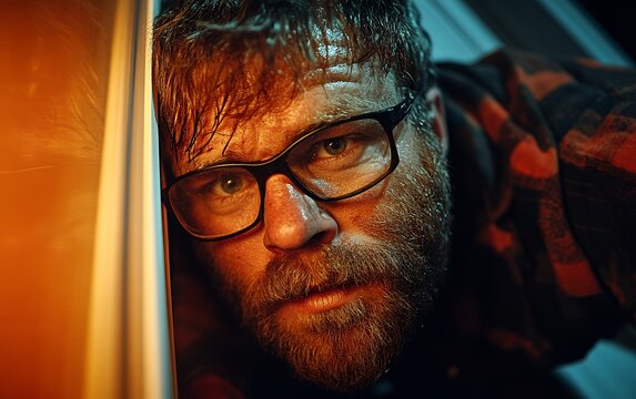 A worried man with glasses hides behind a wall, illuminated by warm light, his expression revealing stress and anxiety