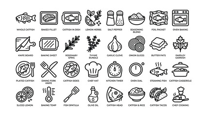 Obraz premium Collection of black line icons depicting catfish preparation cooking methods ingredients and kitchen tools