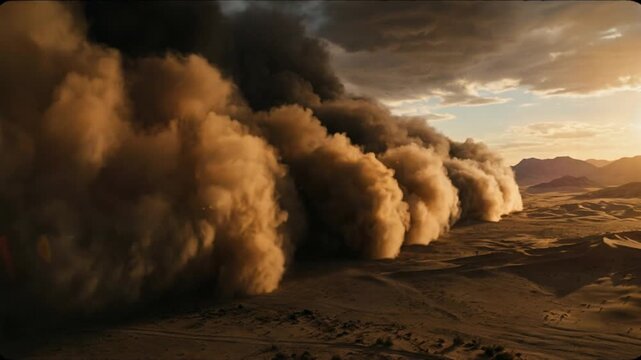 Dust storm sweeps over desert terrain in warm evening light. Billowing sand wall advances across rippled dunes, creating dramatic apocalyptic mood above empty mountains and shadowed ground.