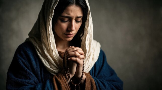Woman in traditional headscarf clasps hands with rosary beads, eyes closed in prayer. Serene devotion and quiet contemplation for peace and hope.