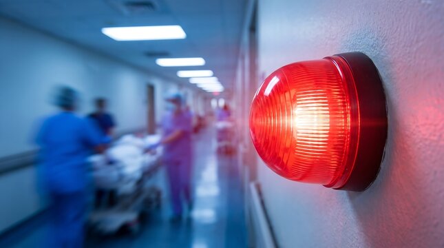 Red alarm light glowing in a hospital hallway with blurred medical staff in the background during an emergency