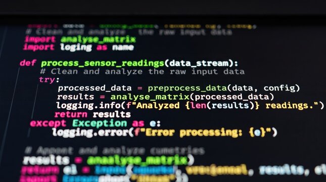 Software code focused on data processing and exception handling is displayed clearly on a dark digital screen for developers to analyze.