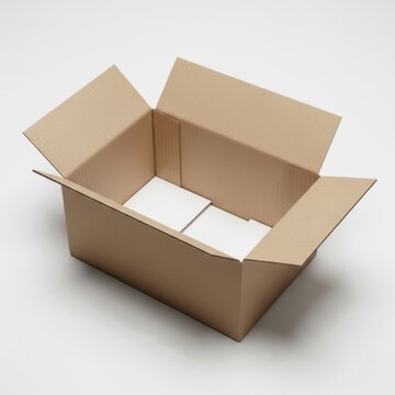 Empty cardboard box with one side folded open on a plain background