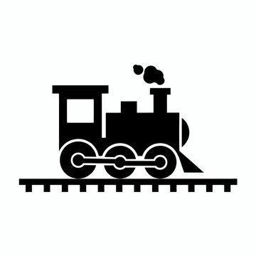 Simple black and white illustration of an old steam train on tracks