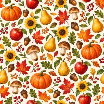 Autumn harvest seamless pattern with apples and leaves