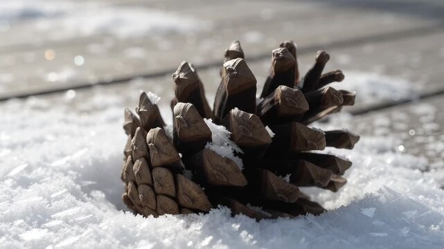 Natural Pinecone Resting in Fresh Sparkling Powdery Snow Outdoors