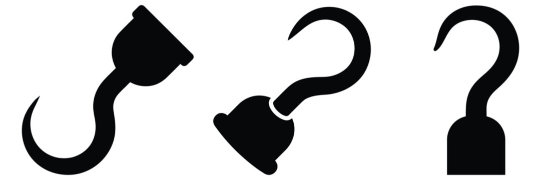 Set of black silhouette pirate hooks isolated on white background with silhouette collection equipment accessory adventure isolated