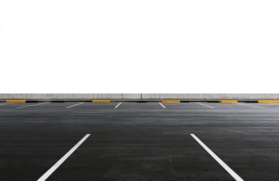 Empty asphalt parking lot with painted white lines and yellow/black barrier