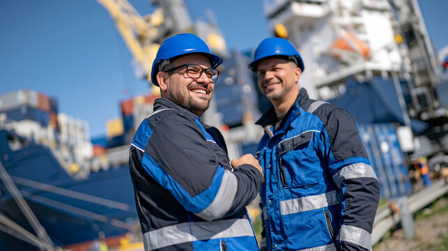 Two diverse logistics workers exchanging a fist bump beside a massive cargo ship at a modern shipping container terminal, reflective safety clothing and protective helmets, stacked containers and lo