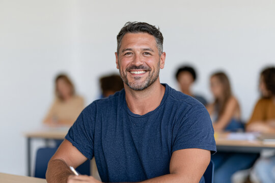 Smiling man sits with classmates during an adult education course. Classroom learning, student confidence, continuing education, career skills.