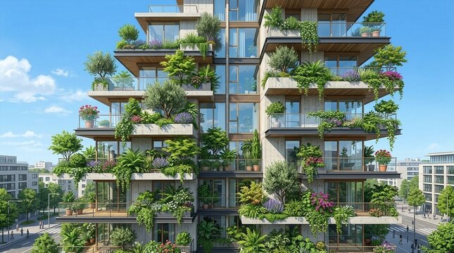 Modern Apartment Building with Lush Green Vertical Gardens and Balconies