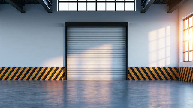 Clean modern warehouse interior with closed sectional door, striped safety barrier, polished floor, and bright industrial daylight