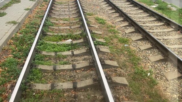 Start of a ride in the tram: tracks and rails