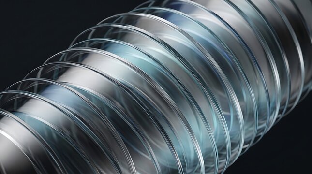 Abstract close-up of transparent, reflective rings spiraling around a central axis with a subtle blue glow, representing technology and data.