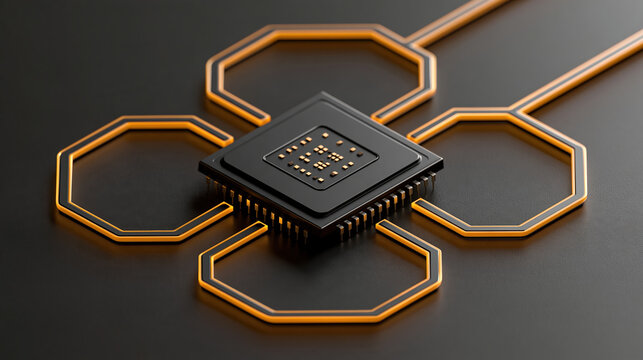 Microchip circuit board connects five glowing network nodes in futuristic electronic design