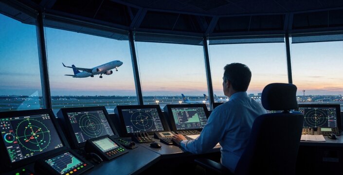Air traffic controller guides plane takeoff at airport control center. Man monitors screens with radar and flight data. Airplane ascends into twilight sky.