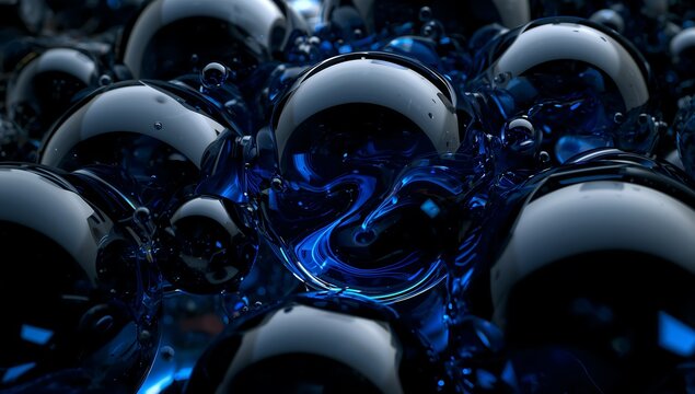 Close-up of dark reflective spheres submerged in glowing blue liquid with abstract light swirls, creating a mysterious and futuristic scientific background.