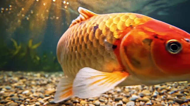 Close Up Shot of Golden Koi Fish Scales and Fins Swimming Underwater   