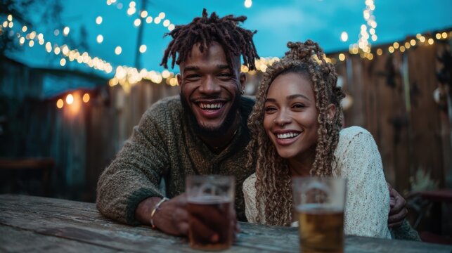 A cheerful couple smiles broadly, enjoying drinks together at a lively outdoor venue adorned with festive lights, emphasizing joy and connection in socializing.