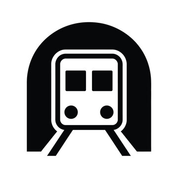 Subway train coming out of a dark underground tunnel black and white icon with transport underground illustration silhouette entrance isolated