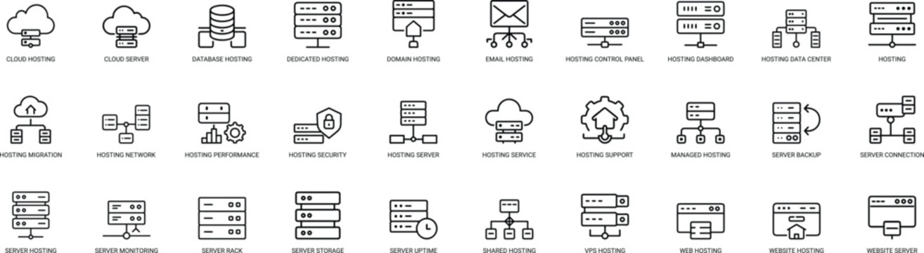 Network hosting icon set with black thin lines illustrating database storage and cloud servers.