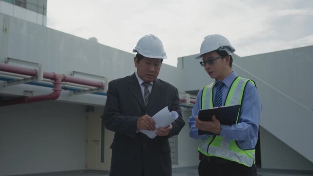 Construction engineer and industrial engineer hard hat and safety vest reviewing blueprint construction site, teamwork discussion between worker and man planning commercial building project outdoors