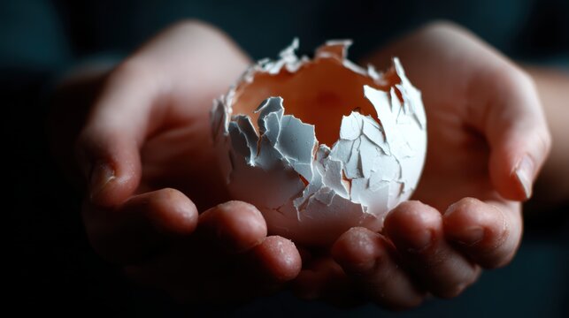 Two hands gently hold a cracked eggshell, symbolizing rebirth and new beginnings against a dark background, evoking emotions of fragility and hope.
