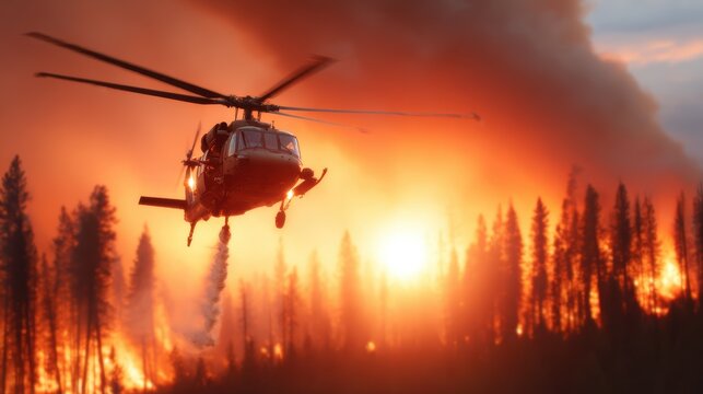 A helicopter performs a water drop over a large wildfire as flames engulf the landscape, showcasing the coordinated efforts to combat raging forest fires effectively.