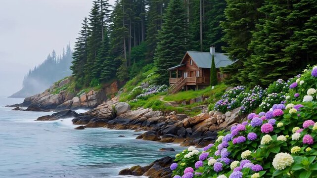 Coastal cabin nestled among evergreen trees with vibrant hydrangea flowers overlooking rocky shoreline and ocean waves